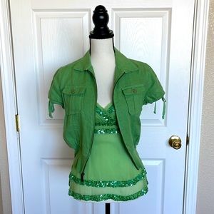 Vintage bebe Green Short Sleeve Jacket & Sparkly Green Camisole Tanktop. Size S